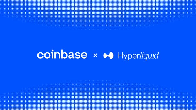 The image displays a blue graphic with a halftone dot pattern featuring the text "coinbase × Hyperliquid" in white, indicating a partnership or collaboration announcement between the two platforms. The image appears to be a generic promotional graphic for a Coinbase and Hyperliquid integration, which doesn't directly relate to the post's clarification about Pi Network assets being available through Coinbase's DEX rather than being officially listed by Coinbase itself.