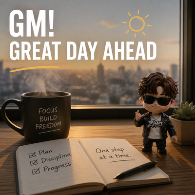 A motivational graphic reads 'GM! GREAT DAY AHEAD' with a coffee mug displaying 'FOCUS BUILD FREEDOM,' an open notebook listing 'Plan, Discipline, Progress' and 'One step at a time,' alongside a small figurine wearing sunglasses against a sunrise cityscape.