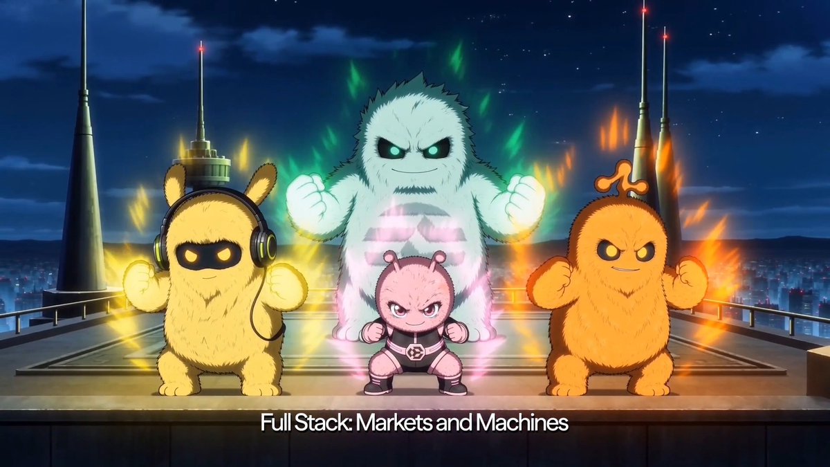 Four anime-style monster characters—a yellow headphone-wearing creature, a small pink robotic figure, a large white furry beast, and an orange flame-wreathed critter—strike heroic poses on a rooftop at night under a green aurora, with the caption "Full Stack: Markets and Machines" displayed at the bottom, visually representing the podcast's blend of technology and finance themes.