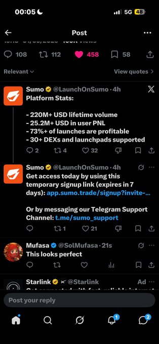 A Twitter screenshot showing promotional stats from @LaunchOnSumo: '220M+ USD lifetime volume, 25.2M+ USD in user PNL, 73%+ of launches are profitable, 30+ DEXs and launchpads supported'.