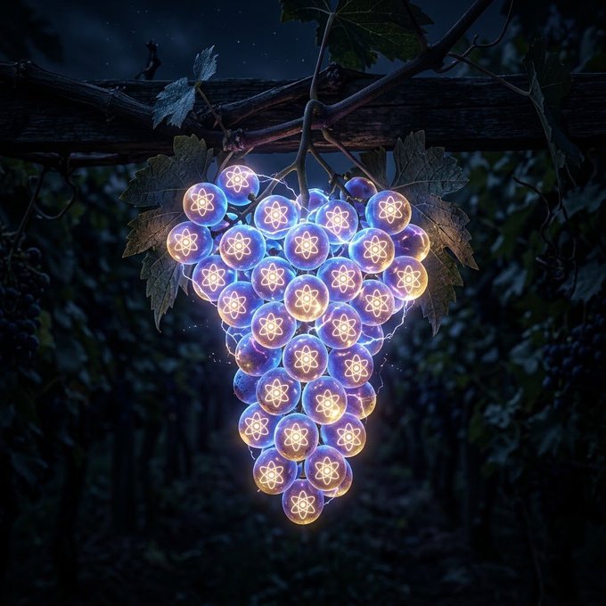 A surreal nighttime image of a glowing bunch of grapes with atomic/molecular symbols etched into each grape, hanging from a vine on a wooden trellis.