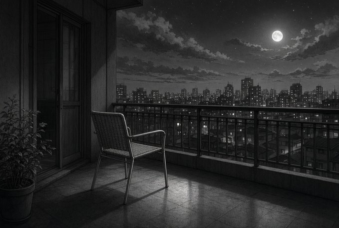 A black and white illustration of a balcony at night, featuring a single chair facing a cityscape under a bright full moon and starry sky.