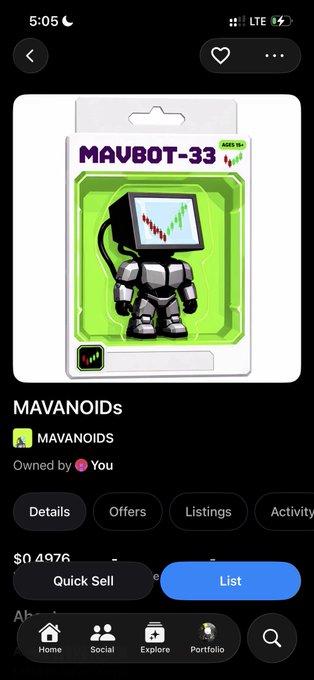 An NFT listing for 'MAVBOT-33' from the MAVANOIDs collection, shown on a marketplace app with a 'Quick Sell' option at $0.4976.