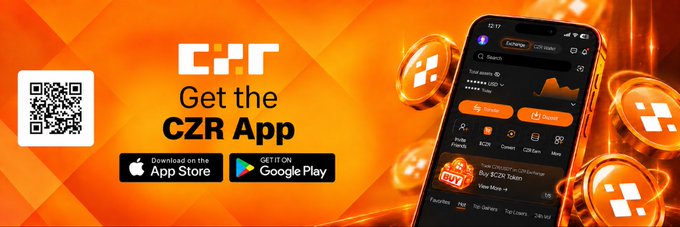 An orange promotional banner advertises the 'CZR App' cryptocurrency exchange with a QR code, App Store and Google Play download badges, and a smartphone mockup showing the app interface with 'Buy CZR Token'.