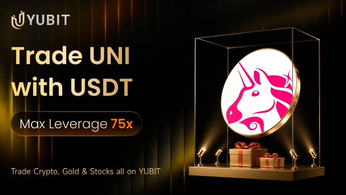 An advertisement for YUBIT cryptocurrency exchange, featuring the text "Trade UNI with USDT," "Max Leverage 75x," and "Trade Crypto, Gold & Stocks all on YUBIT," alongside a glowing unicorn logo.