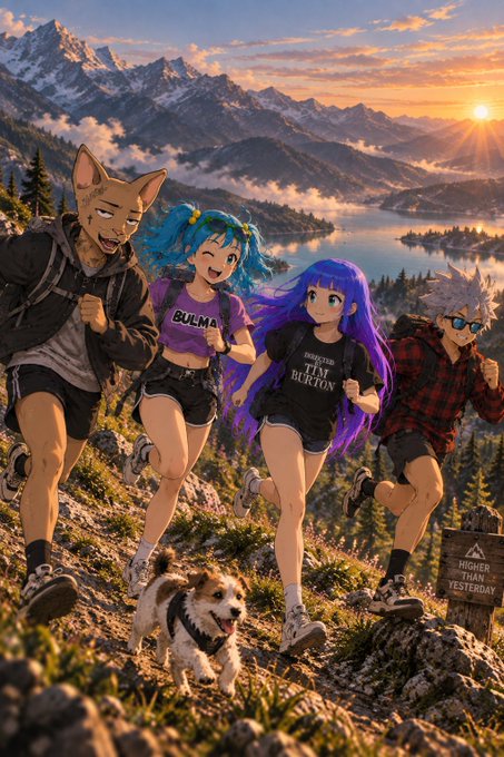 An anime-style illustration of four characters (including anthropomorphic animal and colorful-haired figures) hiking up a mountain trail with a small dog, with a 'HIGHER THAN YESTERDAY' sign and snow-capped mountains and lake in the background.