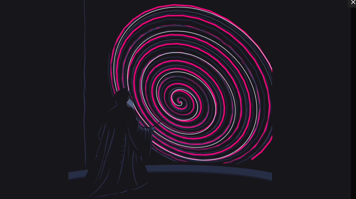 The image features a man standing next to a large spiral-shaped light display with pink and purple lights. The man appears to be looking at the light show, possibly admiring its beauty or contemplating its meaning. The art piece seems to be part of an online collection called "SOLD!!! Sourcery" that was minted in the year 2016 on the eth chain.