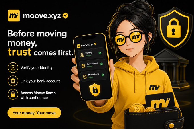 A promotional graphic for 'moove.xyz' features an illustrated woman in a yellow hoodie holding a smartphone, alongside the text 'Before moving money, trust comes first' and 'Your money. Your move.'