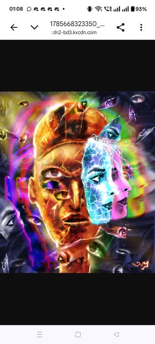 A colorful, psychedelic digital artwork showing overlapping faces and a cracked statue head with a glowing blue face, displayed on a mobile browser (kxcdn.com).