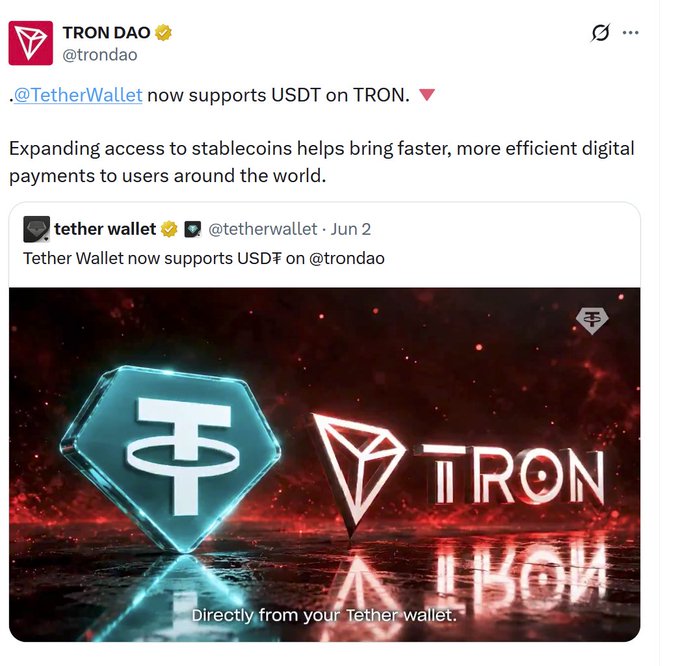 The image features a social media post about a new development in cryptocurrency technology. The post includes an advertisement for a cryptocurrency called "TRON" that has been integrated into the Twitter account's profile, allowing users to easily access their Treer Wallet on the Bitcoin blockchain. This integration is significant because it expands the usability of stablecoins by enabling users to pay with Bitcoin directly from their Twitter account.