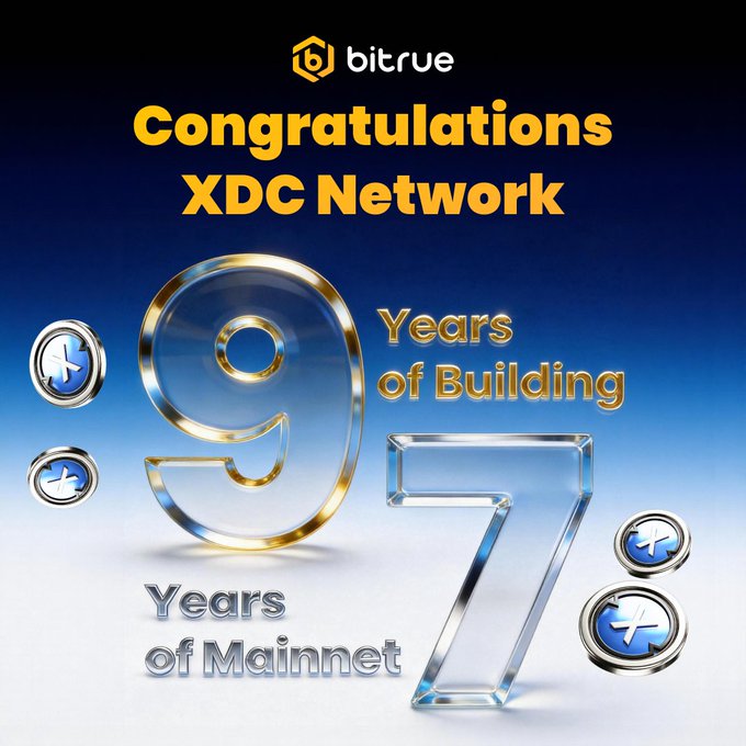 The image shows a celebratory banner featuring two large numbers - 9 and 7, which indicate nine years of successful mainnet operation by XDC Network at Mainet, combined with seven years of building experience. These years are significant milestones for the company's ongoing efforts in establishing an inclusive and well-built community network. The background is blue, providing a calm atmosphere to emphasize the celebratory nature of the message.