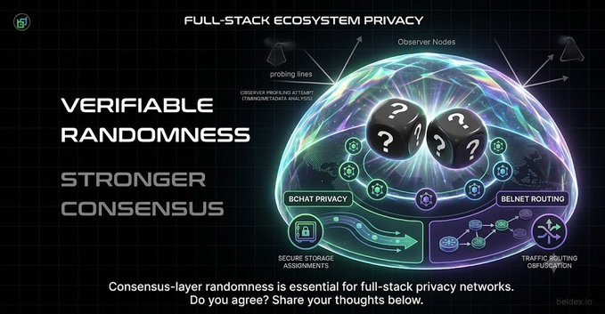 A dark technical infographic titled 'FULL-STACK ECOSYSTEM PRIVACY' highlighting 'VERIFIABLE RANDOMNESS' and 'STRONGER CONSENSUS' with diagrams of observer nodes, probing lines, bchat privacy, belnet routing, and secure storage assignments, branded with beldex.io.