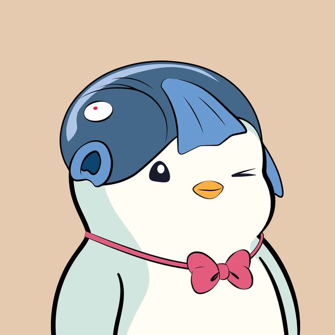 A cute cartoon illustration of a baby penguin wearing a blue fish-shaped helmet and a pink bow tie, winking with one eye on a tan background.