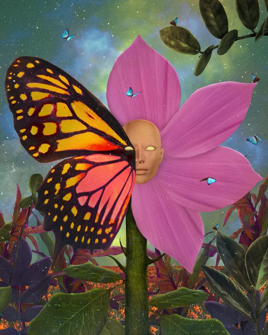 A surreal digital artwork featuring a large pink flower with a smooth, faceless human head at its center, accompanied by a monarch butterfly and small blue butterflies against a cosmic background.