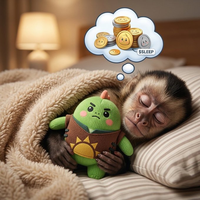 A baby monkey sleeps peacefully while cuddling a green plush toy, with a thought bubble above showing coins and a label reading '$SLEEP'.