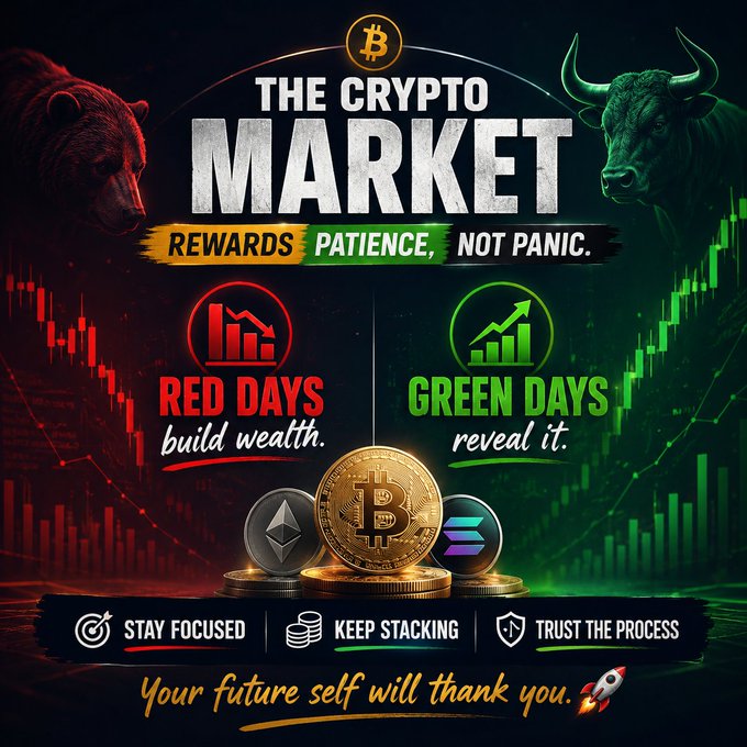 A crypto market motivational graphic featuring a bear and bull, cryptocurrency icons, and text including 'THE CRYPTO MARKET', 'REWARDS PATIENCE, NOT PANIC.', 'RED DAYS build wealth', 'GREEN DAYS reveal it', 'STAY FOCUSED', 'KEEP STACKING', and 'Your future self will thank you.'
