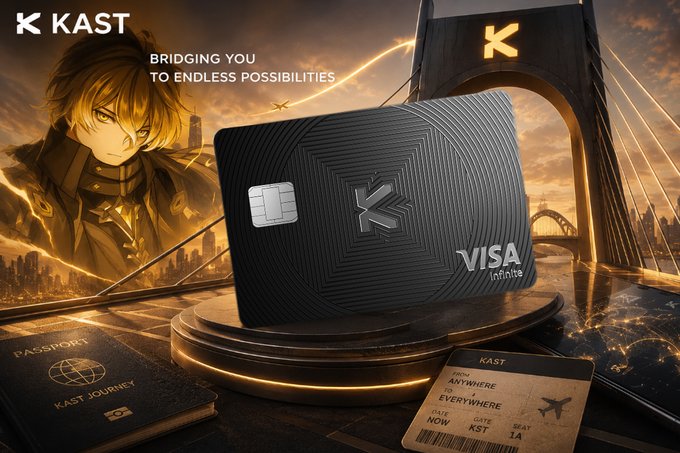 The image features an advertisement for a Visa credit card with a black background and white text. The text reads "KAST - Bridging you to endless possibilities", which suggests that the credit card is designed to provide users with access to various opportunities and experiences, both in their personal lives and while traveling. The credit card is displayed on a table surrounded by travel-related items such as passports, a suitcase, and a book. This arrangement highlights how the Visa credit card can be used for both domestic and international travel, offering its users the flexibility to explore new destinations and create lasting memories.