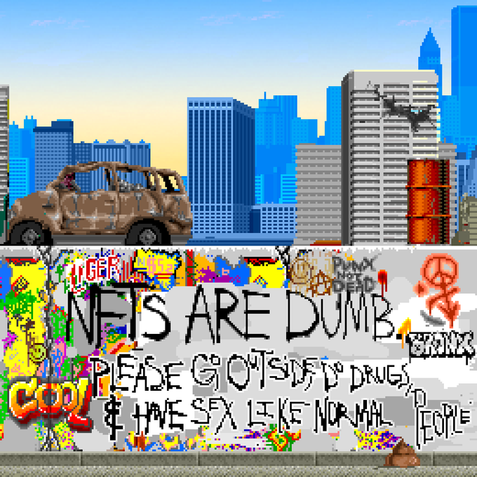 A pixel art scene showing a rusted van in a city skyline above a graffiti-covered wall with partially legible text including 'NEIS ARE DUMB.' and other crude messages.