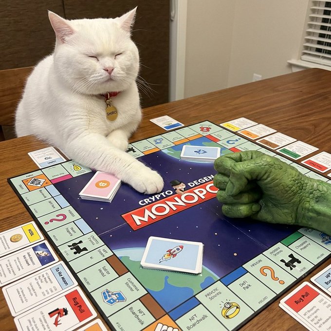 The image features a white cat sitting at a table with a Monopoly board game. A green dinosaur figure is also present on the table, seemingly participating in the game alongside its owner. The cat appears to be looking at the Monopoly board while the dinosaur seems to be making an effort to play along.

In the background, there are two people sitting at another table with a Monopoly board game. A person can be seen holding a remote control and watching the scene unfold.