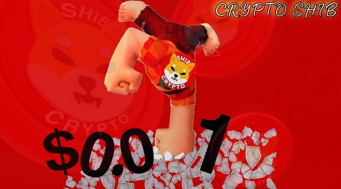 A muscular figure in Shiba Inu-branded shorts stands triumphantly atop shattered $0.01 price tag fragments against a red backdrop featuring "CRYPTO SHIB" text and Shiba Inu logos, symbolizing the ambitious $0.01 price target for $SHIB.