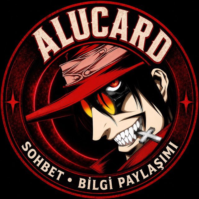 The image shows a circular logo featuring a stylized anime character with glowing red eyes, a wide sinister grin, and a cross-shaped fang, wearing a red cap—styled after Alucard from the anime "Hellsing"—with "ALUCARD" written at the top and "SOHBET • BİLGİ PAYLAŞIMI" (Turkish for "Chat • Information Sharing") at the bottom.

The post mentions the user reserves NFT opportunities for their private Telegram community, which the logo represents as the Turkish-themed "ALUCARD" community hub for sharing chat and information.