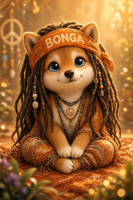 A digital illustration of a cute Shiba Inu puppy with dreadlocks wearing an orange 'BONGA' headband and peace-sign necklaces, sitting cross-legged in a bohemian style.