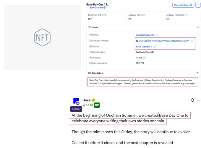 The image shows a Base Day One NFT details page on BaseScan, highlighting the creator "Base: Deployer 1," contract address 0x7d5861cfe1c74aaa9999b7E36518F2ebD24A2D89, and Token ID 13368, along with a Base tweet celebrating Onchain Summer that describes the NFT as commemorating the first year of Base.