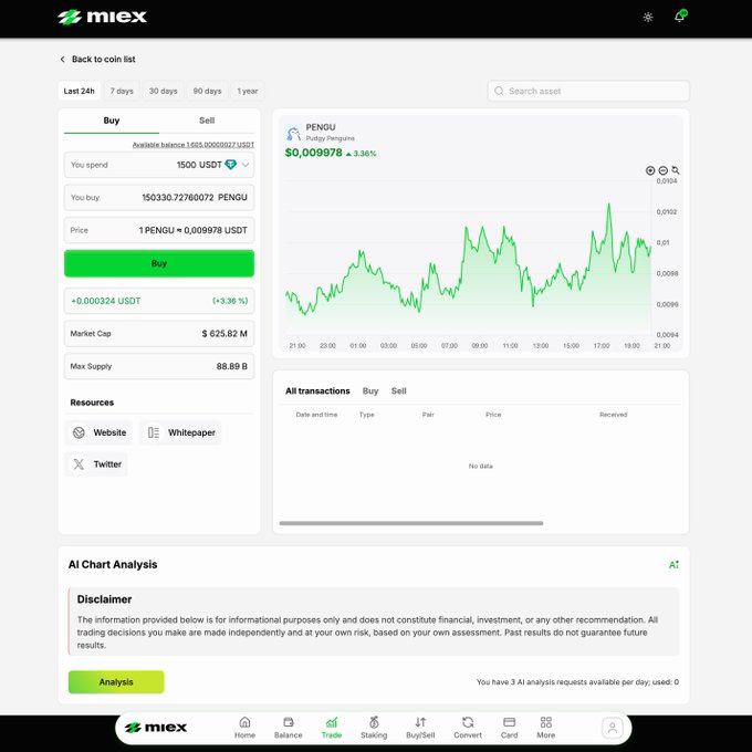 A screenshot of the MEXC exchange website showing the buy interface for the PENGU (Pudgy Penguins) token at a price of $0.009978.