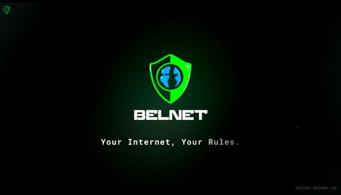 A logo screen for 'BELNET' featuring a green shield with a globe icon and the tagline 'Your Internet, Your Rules' against a dark background, with belnet.beldex.io in the corner.