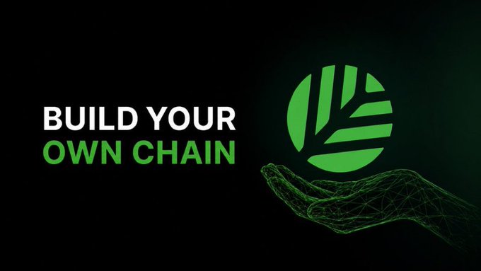 A promotional graphic with a black background featuring the phrase "BUILD YOUR OWN CHAIN" in white and green text next to a green leaf logo held by a wireframe hand.