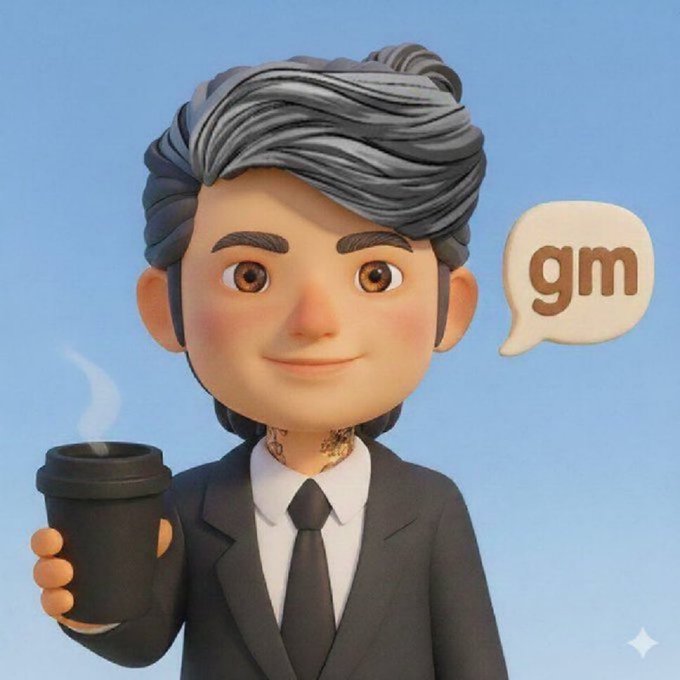A 3D-rendered cartoon avatar of a man in a black suit and tie holding a coffee cup, with a speech bubble saying 'gm' next to his head.