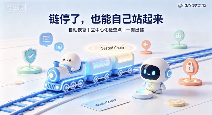 A 3D illustration shows a cute cartoon train labeled "Nested Chain" running on tracks above a "Root Chain" base, accompanied by a small robot, with Chinese text reading "链停了，也能自己站起来" (Even if the chain stops, it can stand up on its own) and "@CNPYNetwork" tagged in the corner. The image visually reinforces the post's message about CNPYNetwork's "nested chain" architecture that emphasizes self-recovery and resilience over mere TPS performance.