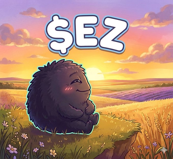 The image features a cartoon character, likely a small animal or a monster, sitting on top of a cliff with its arms crossed. The setting appears to be a field at sunset, which adds a sense of tranquility to the scene. The text "SEZ" is written in white letters above and below the character's head, possibly indicating that this is part of an art project or a creative project related to the post.