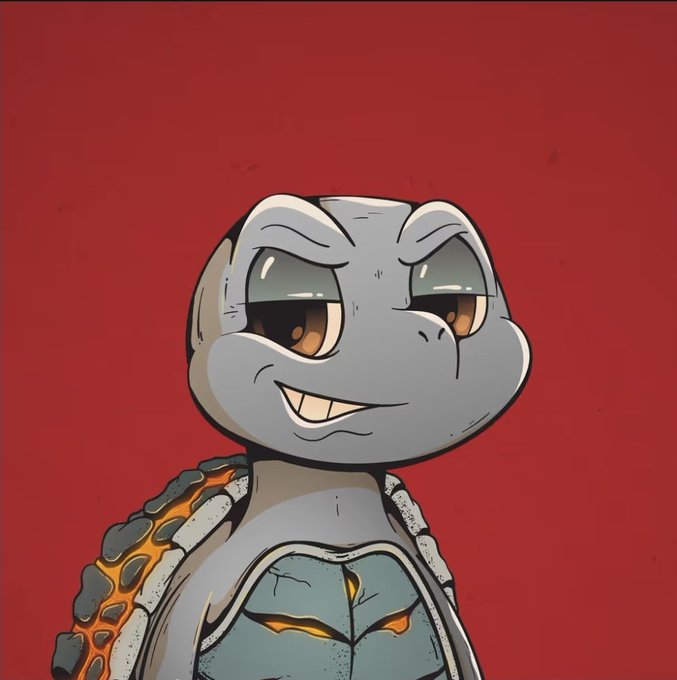 A digital illustration of a turtle-like humanoid character with a sly expression, gray skin, and a shell with glowing orange/lava patterns against a red background.