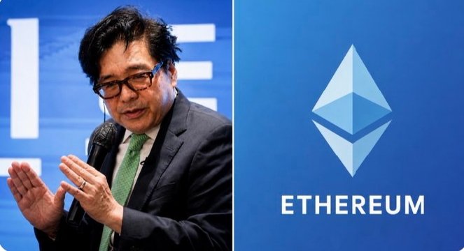 Tom Lee, chairman of Bitmine Immersion Technologies ($BMNR), gestures while speaking, alongside the Ethereum logo, illustrating his firm's continued accumulation of ETH for its corporate treasury.