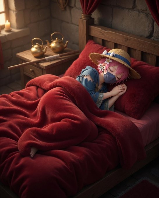 The image features a girl sleeping on a bed with red sheets, wearing a hat and a mask. The caption of the image reads "GN Frens time to shut everything down for today... or at least stare at the apps one final time before pretending to sleep @quipnetwork | @DeCharge | @useTria | @3look_io | @TheARCTERMINAL".