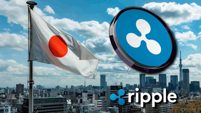 The image features a Japanese flag with a blue circle containing a white Ripple coin symbol, along with an accompanying text that reads "RLUSD IS NOW OFFERING RRIPPLE JAPAN! $XRP RLUSD". The combination of the flag and the Ripple coin symbol suggests that Ripple is now available in Japan.