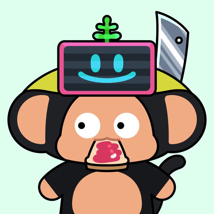 A cartoon monkey wearing a yellow beanie with an antenna and a digital smiley face screen on its head, holding what appears to be cake, with a cleaver behind it.
