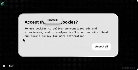 A short video clip or GIF displaying a cookie consent pop-up dialog box on a dark background, with text reading 'Accept these cookies?' and offering 'Reject all' and 'Accept all' buttons, labeled as a GIF by beldex.io.