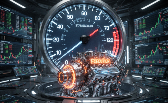 The image features an engine with a speedometer, surrounded by computer monitors displaying stock market data. The engine appears to be a complex piece of machinery or technology, possibly related to financial analysis or trading. The caption above the engine reads "high TPS sounds impressive. but execution quality matters more. a million transactions mean little if settlement remains fragmented. use @aeredium". This message emphasizes the importance of efficient execution in the context of stock market trading and highlights the need for accurate and timely performance, rather than just focusing on high processing speeds.