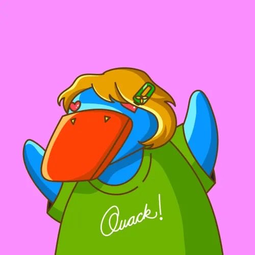 An illustrated blue duck character with blonde hair and a green hair clip wearing a green hoodie on a pink background. The text 'Quack!' is written on the hoodie.