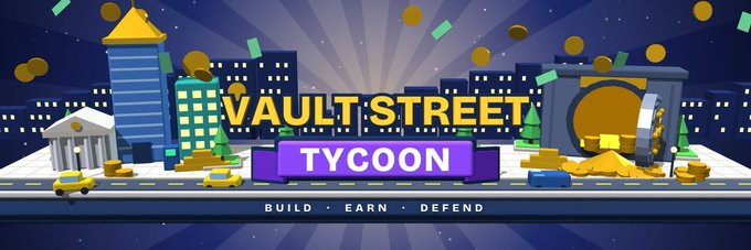 A promotional banner for "Vault Street Tycoon" featuring a stylized cityscape with skyscrapers, gold coins, and piles of treasure, alongside the tagline "BUILD • EARN • DEFEND." The image visually ties into the giveaway post by showcasing the game's gold and wealth theme, which aligns with the 1,000 free mint giveaway being offered to followers.