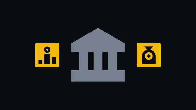 A minimalist black graphic with a central blue bank/government building icon flanked by two yellow squares: the left showing a bar chart with a person, and the right showing a money bag with a coin.