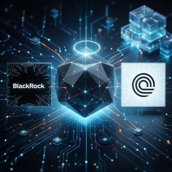 A digital illustration shows a glowing black polyhedron flanked by a 'BlackRock' logo on a circuit-board patterned square on the left and another circular logo on the right, set against a futuristic tech background.