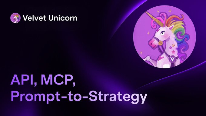 A purple-themed graphic for 'Velvet Unicorn' displaying the text 'API, MCP, Prompt-to-Strategy' alongside a unicorn mascot with a rainbow mane.
