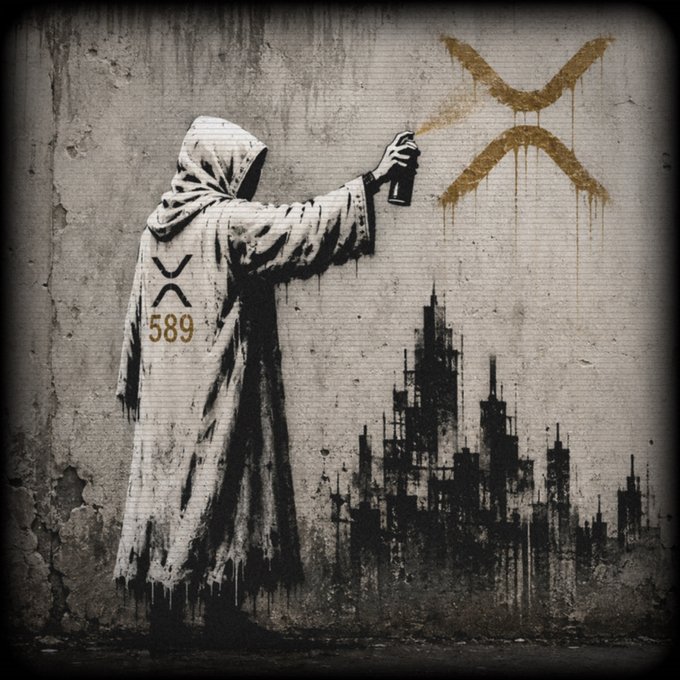 A piece of street art depicting a hooded figure in a white robe spray-painting a gold "X" symbol on a weathered concrete wall, with the text "V X 589" on the robe and a black cityscape silhouette below.