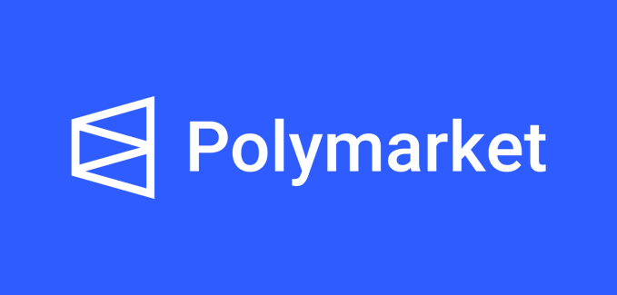 The image displays the Polymarket logo, featuring a white geometric icon alongside the company name in white text on a solid blue background. It serves as branding for the prediction market platform highlighted in the news of its annualized revenue surpassing $1 billion following the launch of its US exchange.