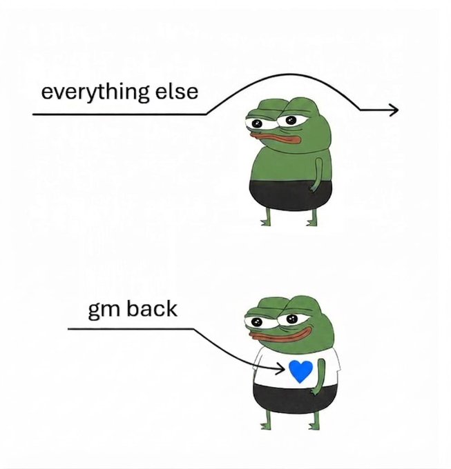 The image features two Pepe the Frog memes comparing reactions: the top shows a skeptical Pepe deflecting "everything else" with an arrow, while the bottom shows a happy Pepe wearing a shirt with a blue heart, responding warmly to "gm back." It humorously illustrates the post's message, emphasizing a warm greeting ("GM Friday") specifically for those who are actively engaged or "locked in," while showing indifference to anything else.