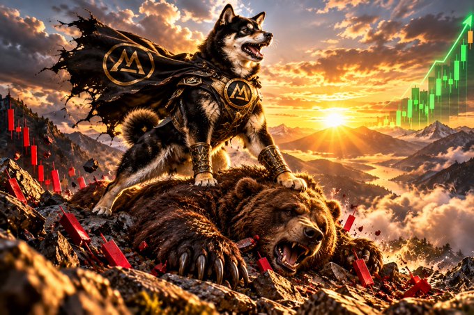 A fantasy illustration depicts a husky dog wearing a cape with an 'M' logo, standing triumphantly atop a defeated bear on a mountain peak, with a green rising price chart in the background suggesting bullish crypto market action.