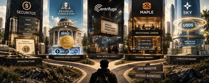 A lone figure stands before five towering pillars representing distinct RWA sectors: **Securitize** (Infrastructure: Issue, Comply, Settle, Integrate, Tokenized Real-World Assets), **Franklin Templeton/BENJI** (Tokenized Money Markets), **Centrifuge** (Real-World Credit: Tinlake Trade Finance Private Credit), **Maple** (Onchain Lending: Credit Pools, Underwriting, Real Yield, Institutional Lending), and **Sky/USDS** (Stablecoin Engine: RWA-Backed Stablecoin)—visually reinforcing the post's argument that "RWA" is not a single trade but five separate businesses sharing one narrative.